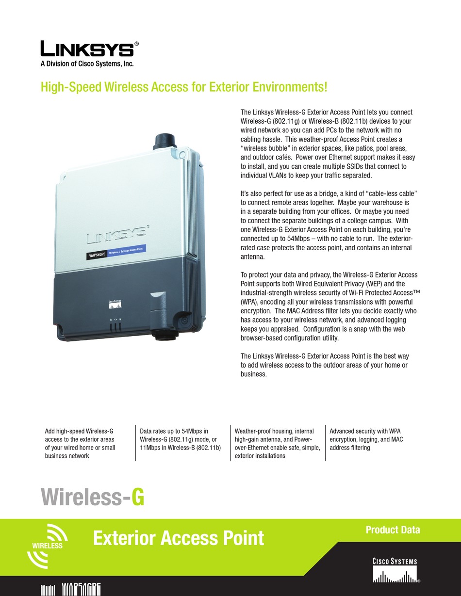 LINKSYS WAP54GPE WIRELESS ACCESS POINT PRODUCT DATA ManualsLib
