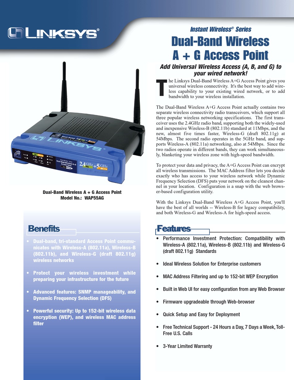 LINKSYS WAP55AG WIRELESS ACCESS POINT SPECIFICATIONS ManualsLib