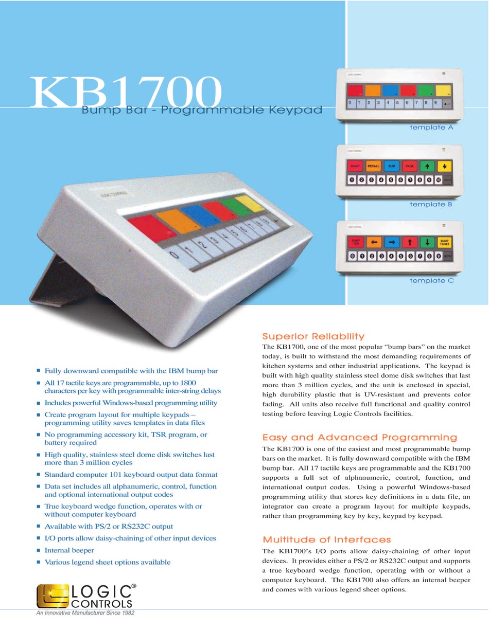LOGIC CONTROLS KB1700 KEYPAD SPECIFICATIONS ManualsLib