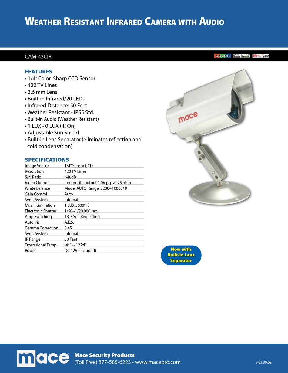 MACE CAM43CIR SECURITY CAMERA SPECIFICATIONS ManualsLib