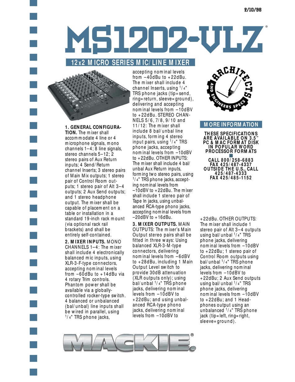 Mackie 12 Vlz Specifications Pdf Download Manualslib