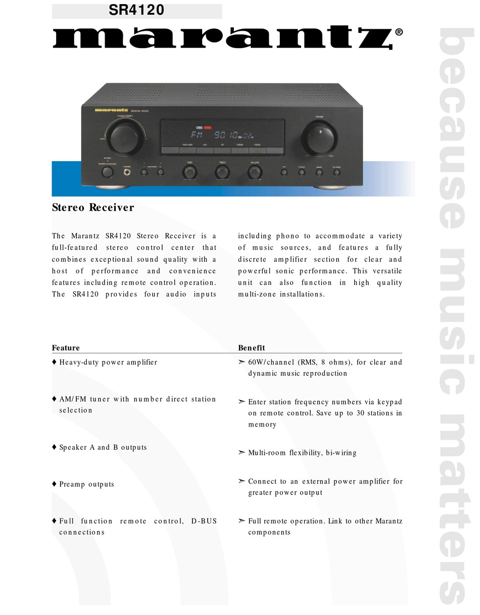 MARANTZ SR4120 STEREO RECEIVER SPECIFICATION SHEET ManualsLib