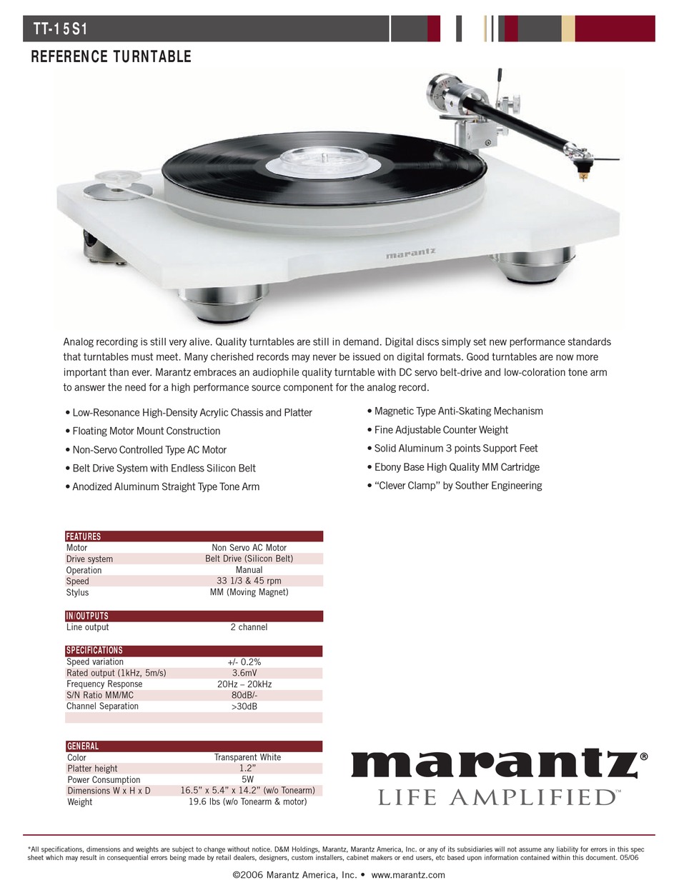 MARANTZ TT-15S1 TURNTABLE SPECIFICATION SHEET | ManualsLib