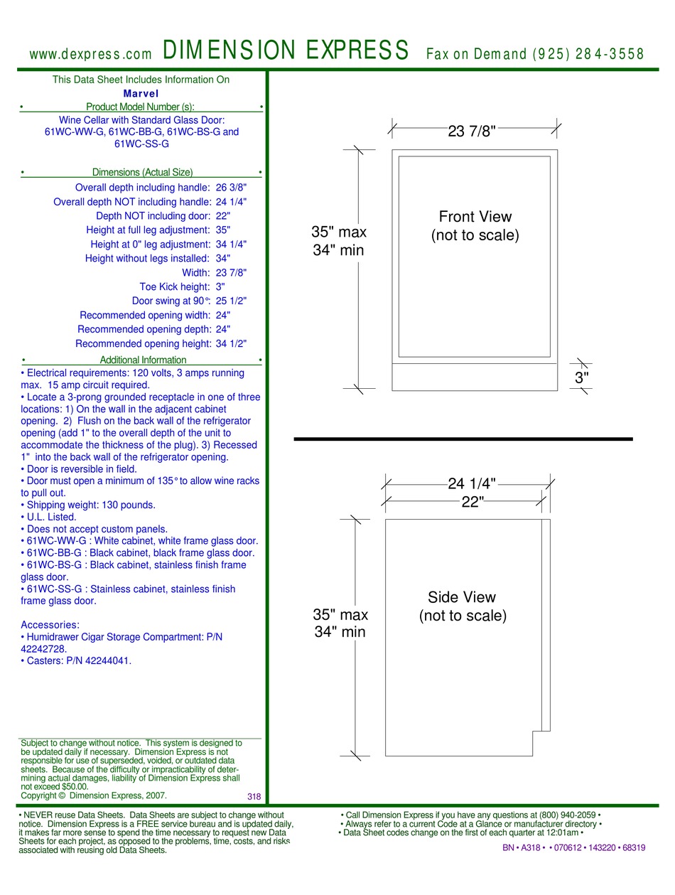 MARVEL 61WCBBG WINE COOLER DATASHEET ManualsLib