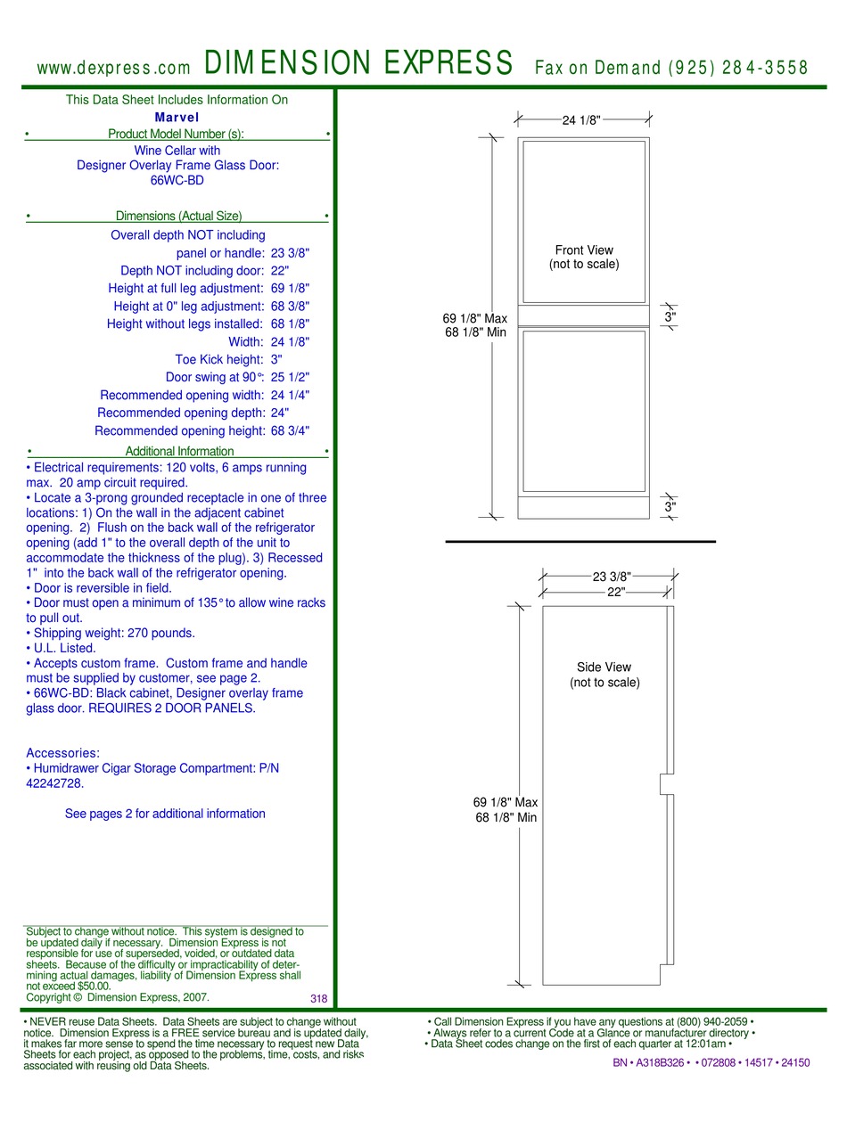 MARVEL 66WCBD WINE COOLER DATASHEET ManualsLib