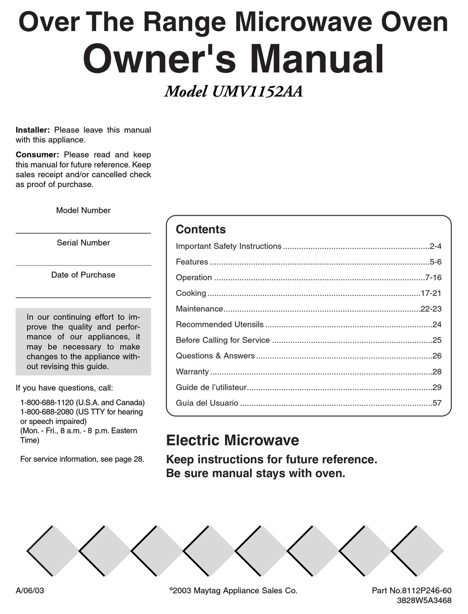 MAYTAG UMV1152 MICROWAVE OVEN OWNER