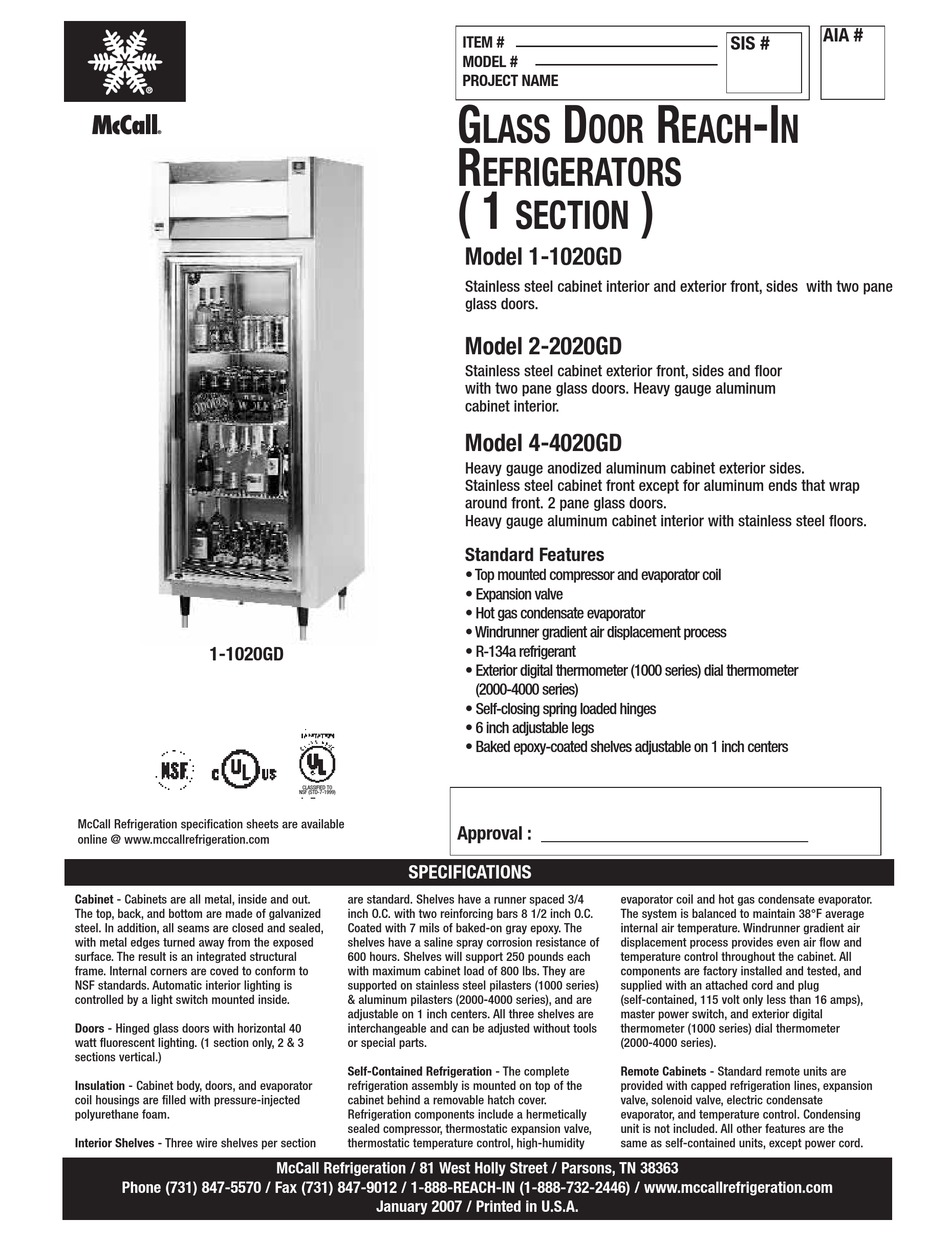 MCCALL 11020GD REFRIGERATOR SPECIFICATIONS ManualsLib
