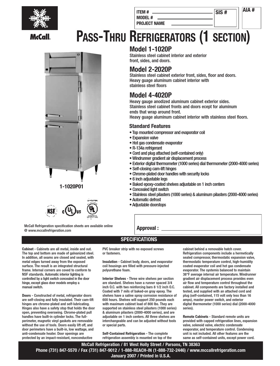 MCCALL 11020P REFRIGERATOR SPECIFICATIONS ManualsLib