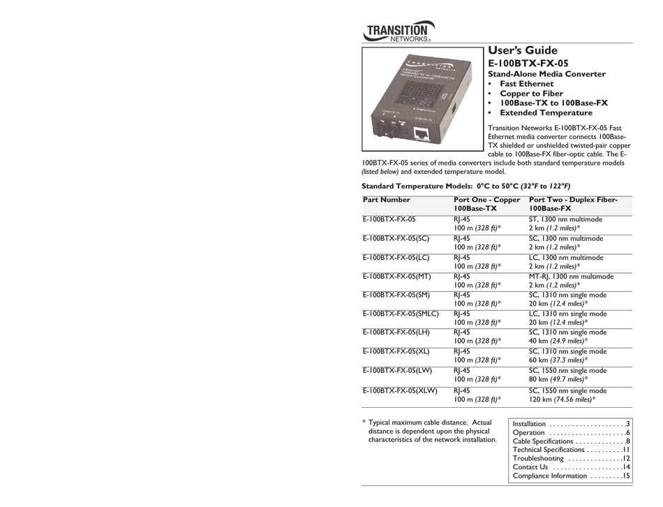 TRANSITION NETWORKS E-100BTX-FX-05(LC) USER MANUAL Pdf Download