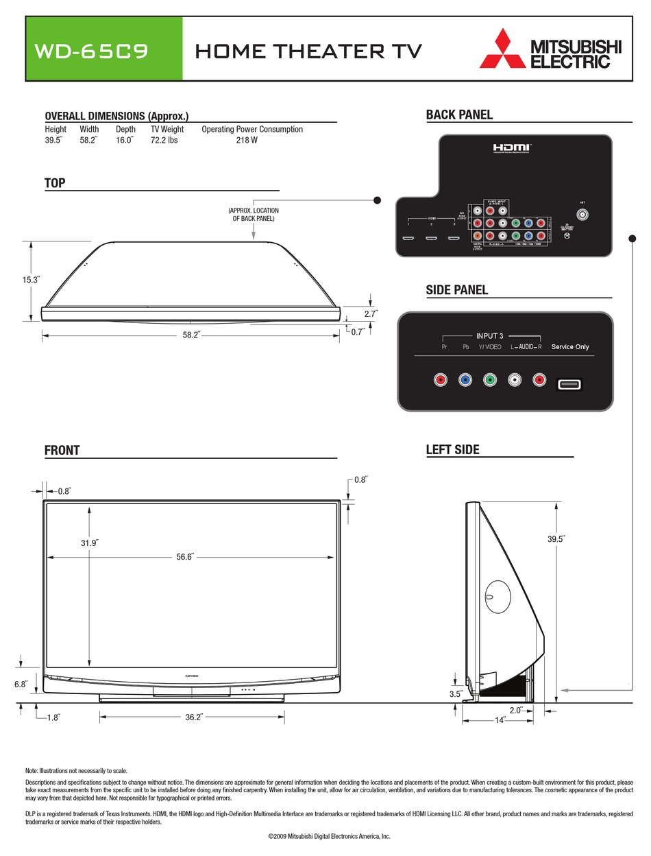 MITSUBISHI ELECTRIC WD65C9 TV DIMENSIONS ManualsLib