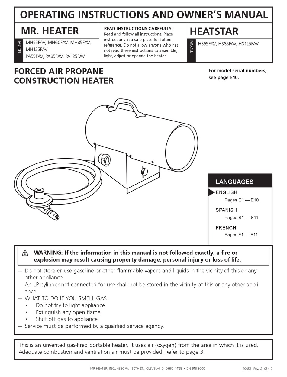 MR. HEATER MH85FAV HEATER OPERATING INSTRUCTIONS AND OWNER'S MANUAL |  ManualsLib