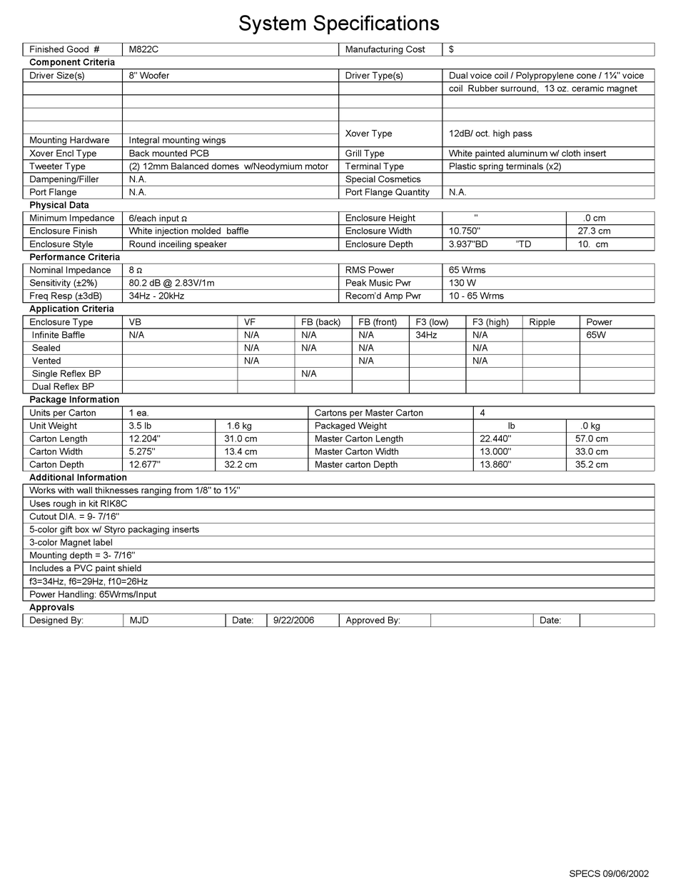 MUSICA M822C SPEAKER SPECIFICATIONS | ManualsLib