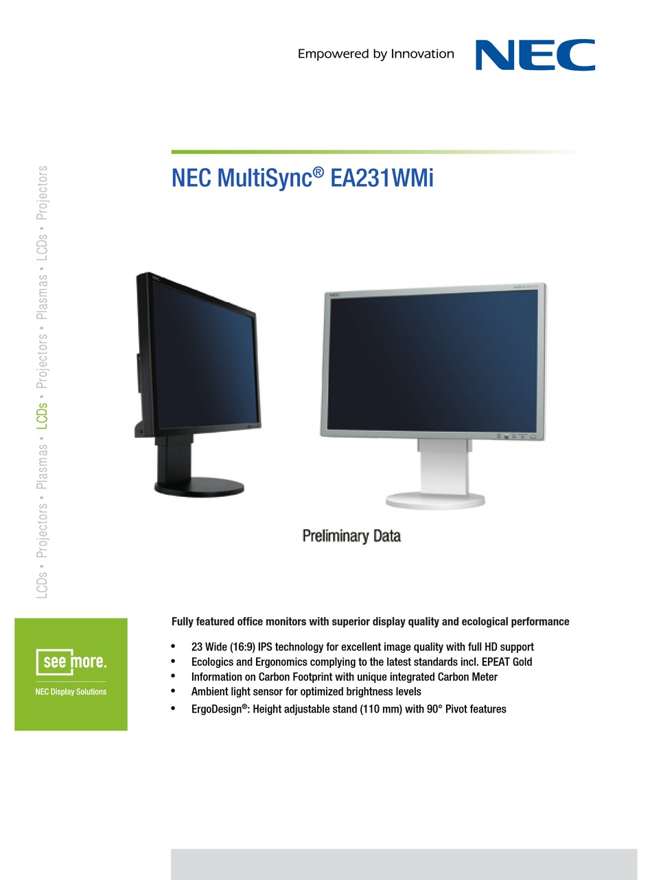 Nec Multisync Ea Wmi Monitor Specifications Manualslib