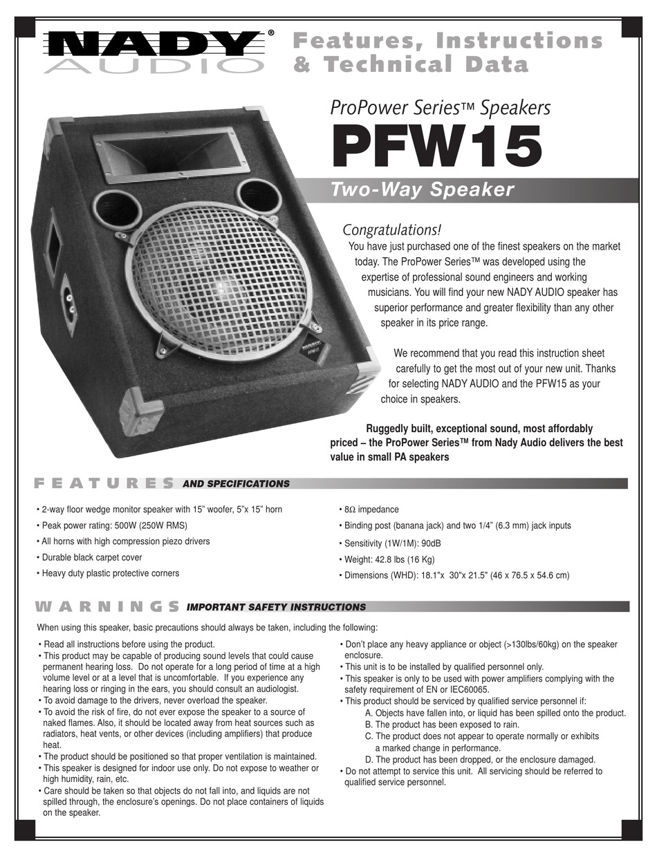 NADY AUDIO PROPOWER PFW15 MARINE AUDIO FEATURES, INSTRUCTIONS & TECHNICAL  DATA | ManualsLib