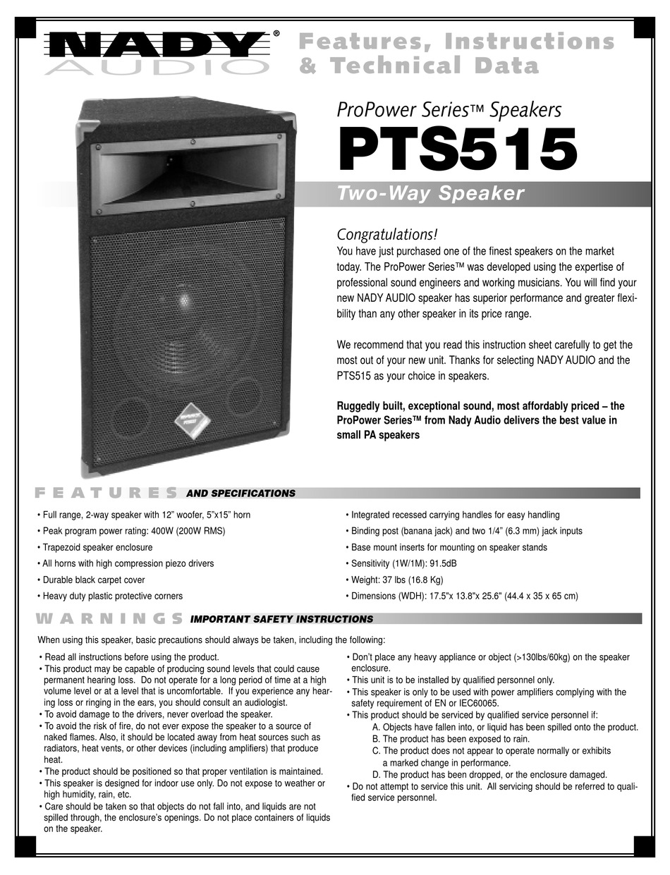 NADY AUDIO PROPOWER PTS515 MARINE AUDIO FEATURES, INSTRUCTIONS