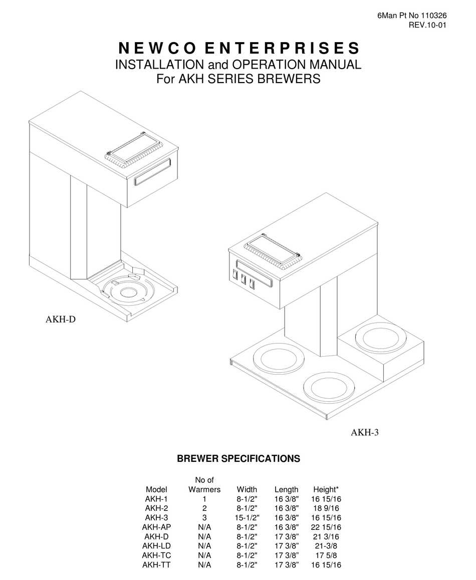 NEWCO AKH 1 COFFEE MAKER INSTALLATION AND OPERATION MANUAL ManualsLib
