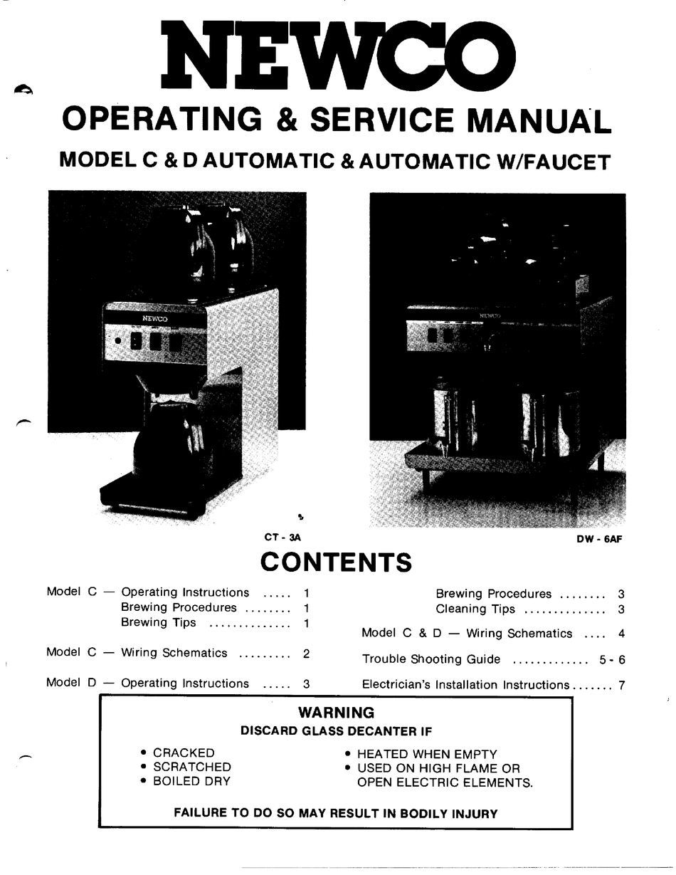 NEWCO CT2A COFFEE MAKER OPERATING & SERVICE MANUAL ManualsLib