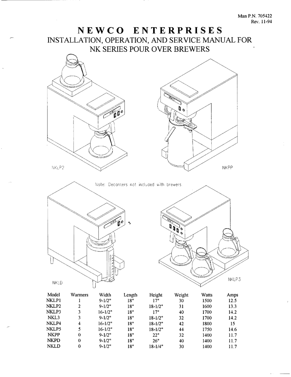 NEWCO NKL3A COFFEE MAKER INSTALLATION, OPERATION AND SERVICE MANUAL
