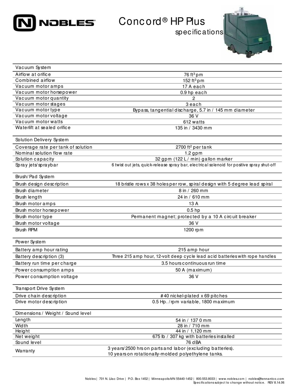 NOBLES CONCORD HP PLUS VACUUM CLEANER SPECIFICATIONS ManualsLib