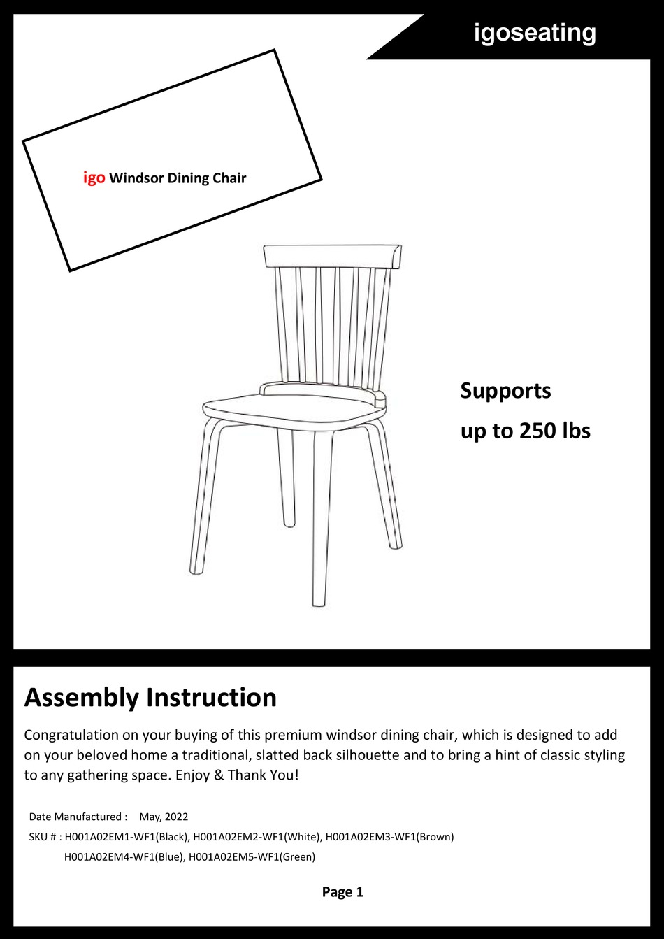 IGO WINDSOR DINING CHAIR ASSEMBLY INSTRUCTION Pdf Download ManualsLib