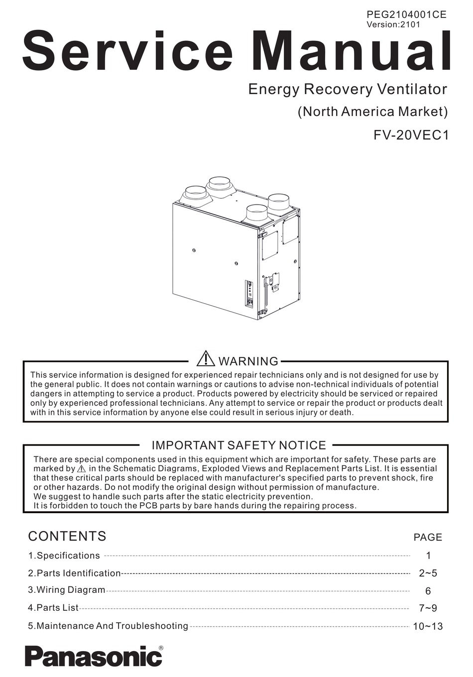 PANASONIC FV-20VEC1 SERVICE MANUAL Pdf Download | ManualsLib