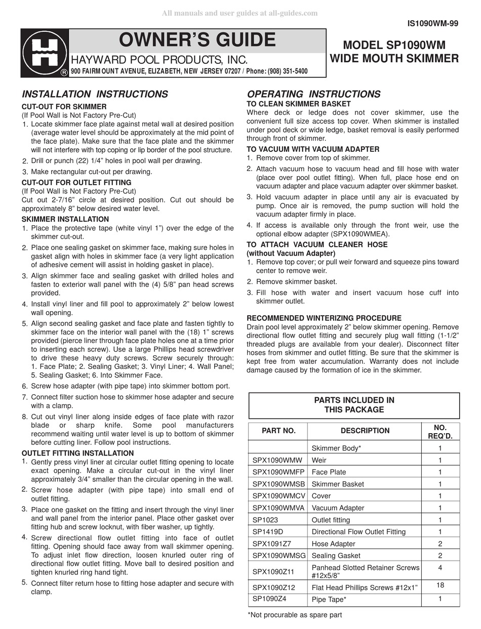 HAYWARD POOL PRODUCTS SP1090WM OWNER