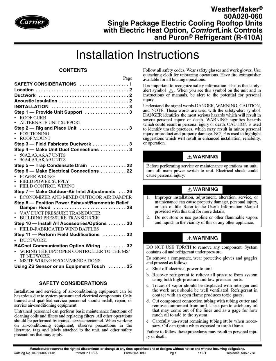 CARRIER WEATHERMAKER 50A020 INSTALLATION INSTRUCTIONS MANUAL Pdf ...