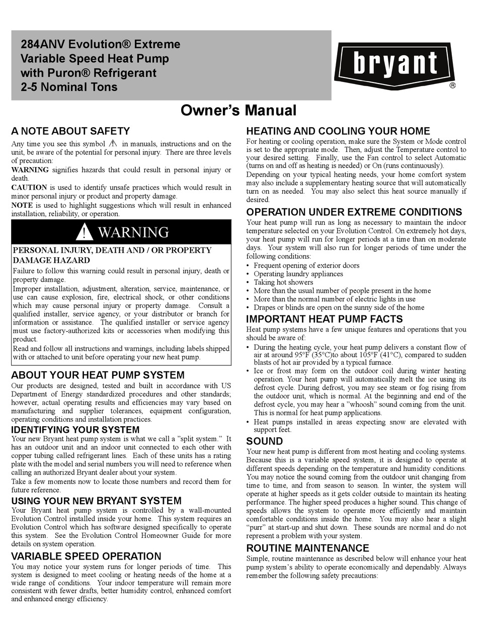 BRYANT EVOLUTION 284ANV MANUAL Pdf Download ManualsLib