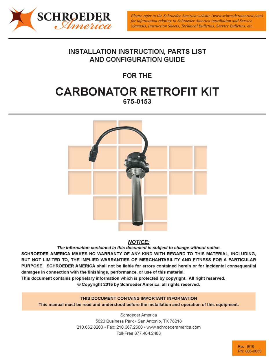 SCHROEDER AMERICA 6750153 INSTALLATION INSTRUCTION, PARTS LIST AND
