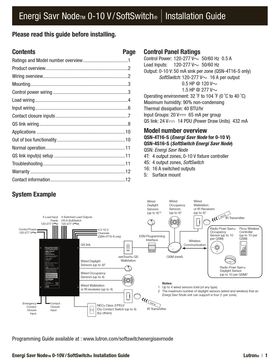 LUTRON ELECTRONICS ENERGI SAVR NODE SOFTSWITCH QSN4T16S INSTALLATION