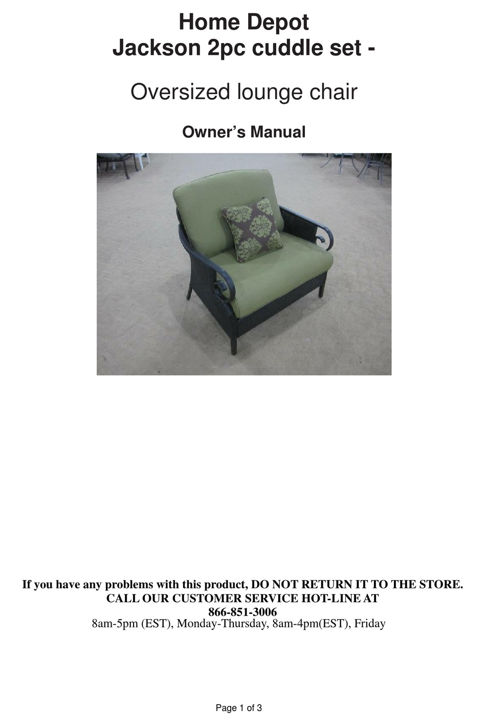 HOME DEPOT JACKSON 2PC CUDDLE SET OWNER'S MANUAL Pdf Download ManualsLib