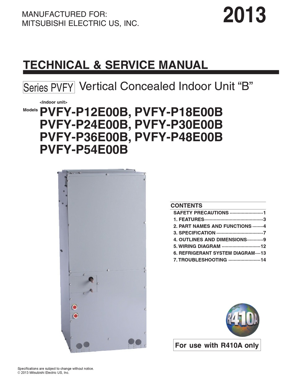 MITSUBISHI ELECTRIC PVFY SERIES TECHNICAL & SERVICE MANUAL Pdf Download