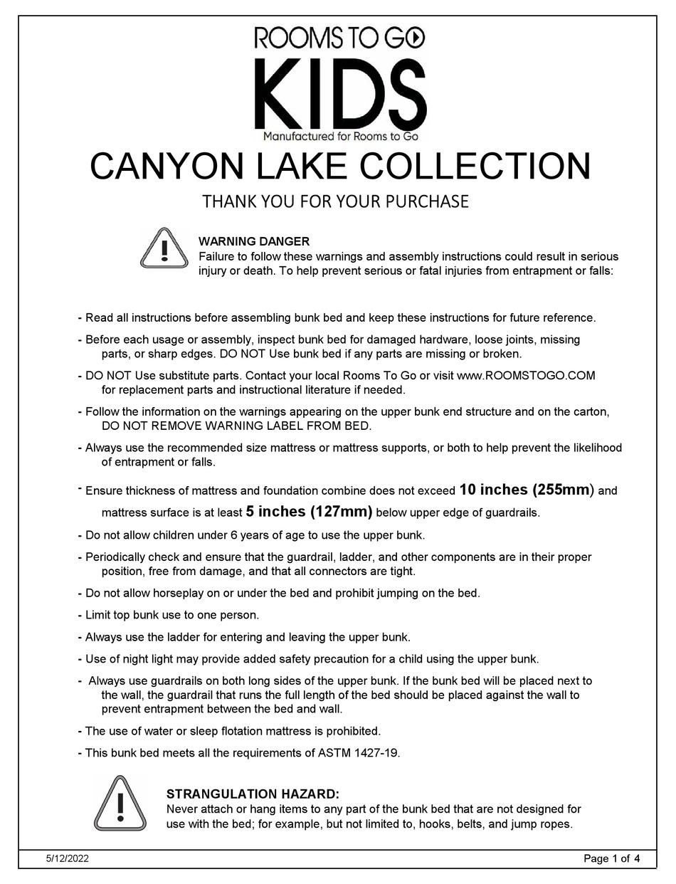 ROOMS TO GO KIDS CANYON LAKE SERIES QUICK START MANUAL Pdf Download