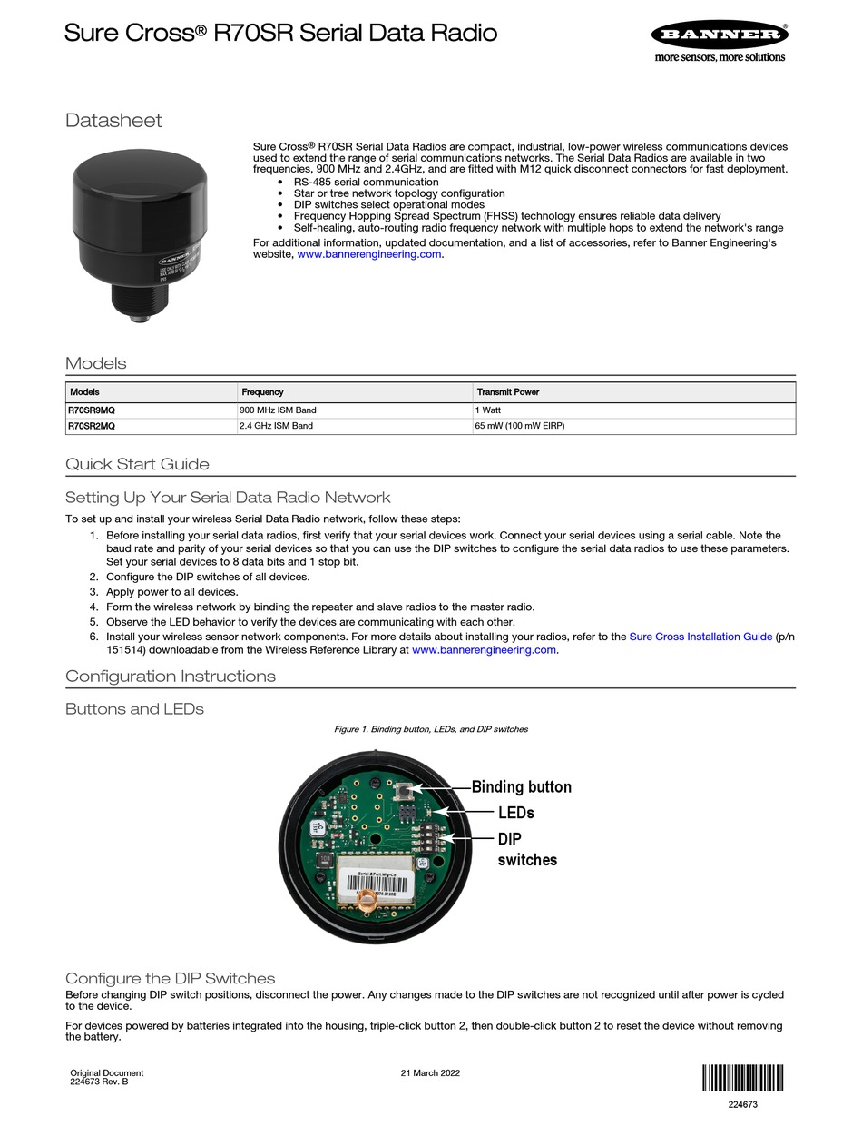 BANNER SURE CROSS R70SR SERIES QUICK START MANUAL Pdf Download ManualsLib