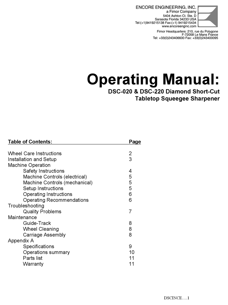 ENCORE DSC-020 OPERATING MANUAL Pdf Download | ManualsLib