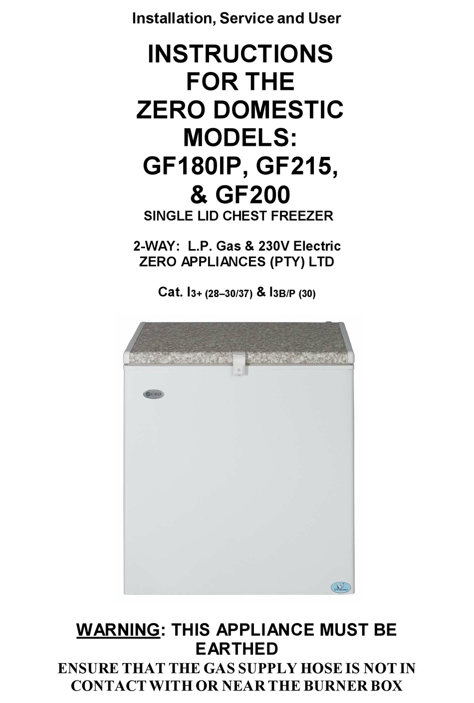 ZERO APPLIANCES GF180IP INSTALLATION, SERVICE AND USER INSTRUCTIONS