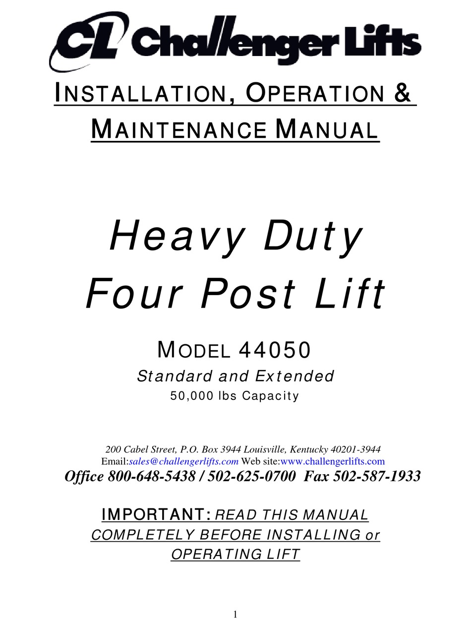 CHALLENGER LIFTS 44050 INSTALLATION, OPERATION & MAINTENANCE MANUAL Pdf