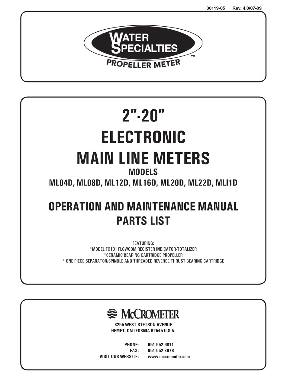 MCCROMETER WATER SPECIALTIES ML04D OPERATION AND MAINTENANCE MANUAL AND