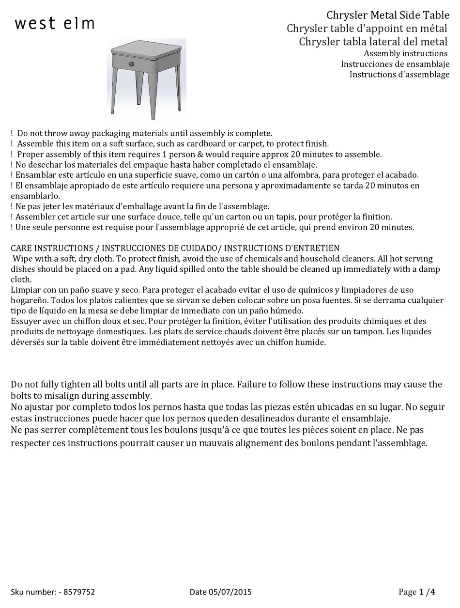 WEST ELM CHRYSLER ASSEMBLY INSTRUCTIONS Pdf Download ManualsLib