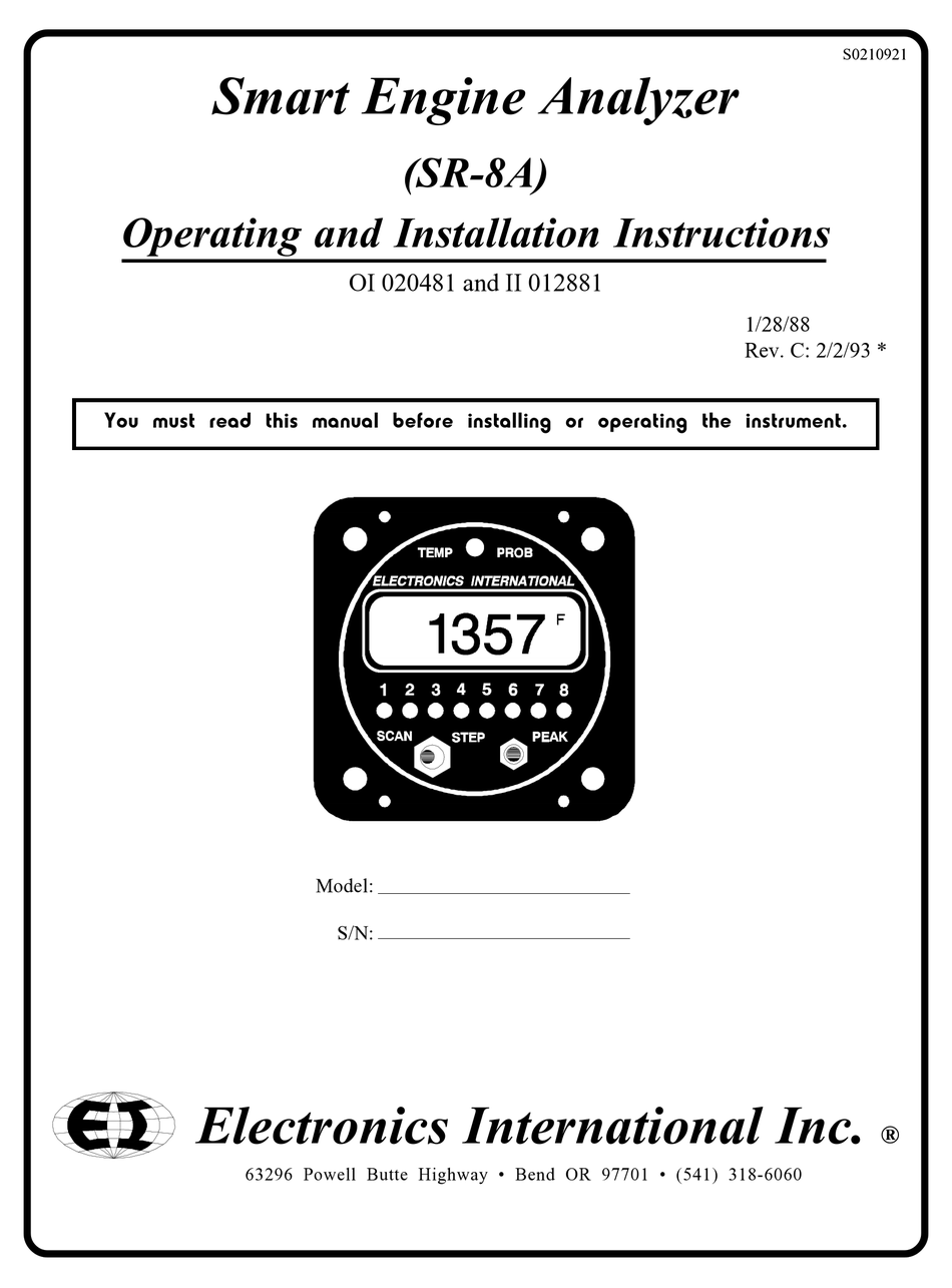 ELECTRONICS INTERNATIONAL SR8A OPERATING AND INSTALLATION INSTRUCTIONS