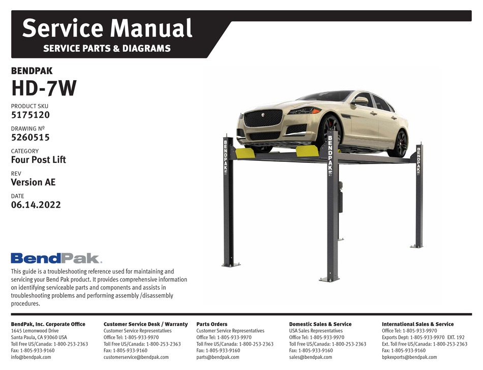 BENDPAK HD-7W SERVICE MANUAL Pdf Download | ManualsLib