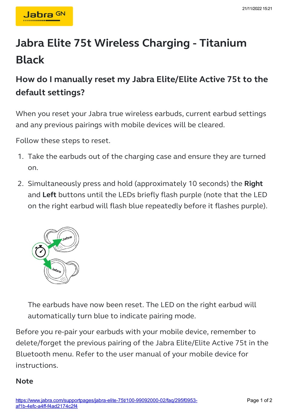 JABRA ELITE 75T INSTRUCTIONS Pdf Download ManualsLib