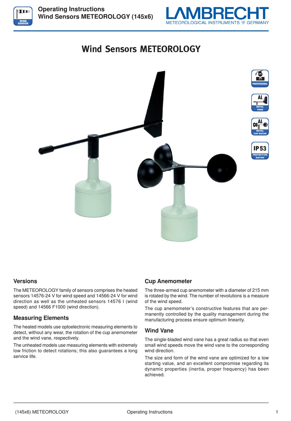LAMBRECHT METEOROLOGY 1457624 V OPERATING INSTRUCTIONS MANUAL Pdf