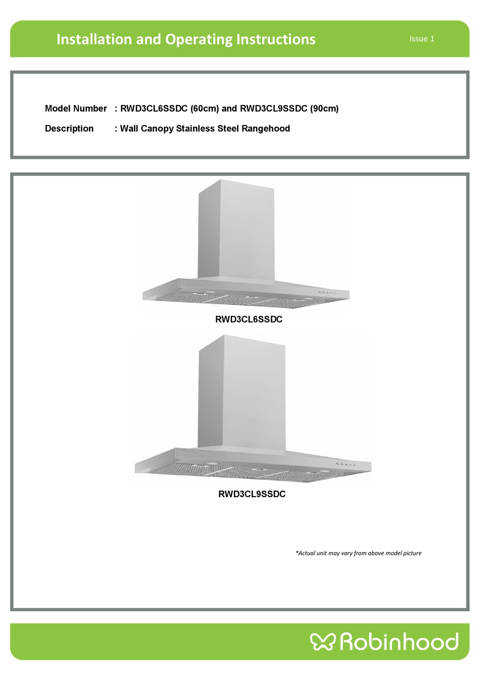 ROBINHOOD RWD3CL6SSDC INSTALLATION AND OPERATING INSTRUCTIONS MANUAL