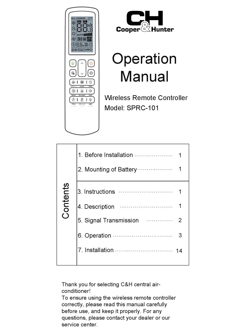 COOPER & HUNTER SPRC101 OPERATION MANUAL Pdf Download ManualsLib