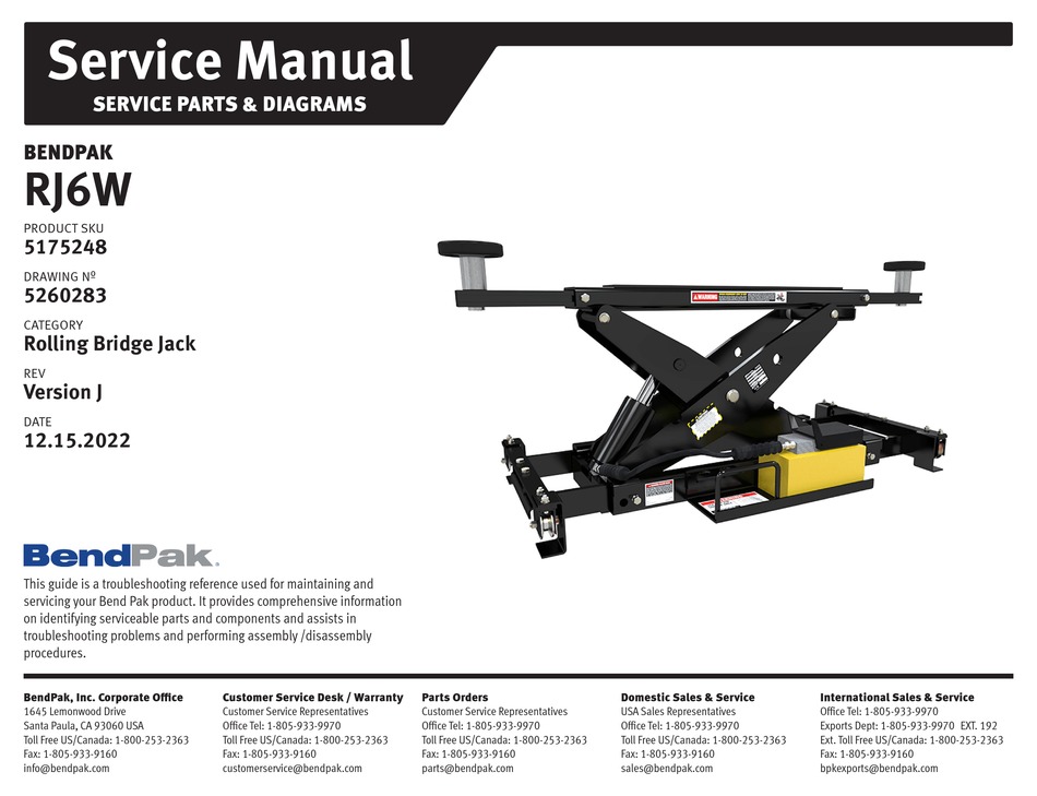 BENDPAK RJ6W SERVICE MANUAL Pdf Download | ManualsLib