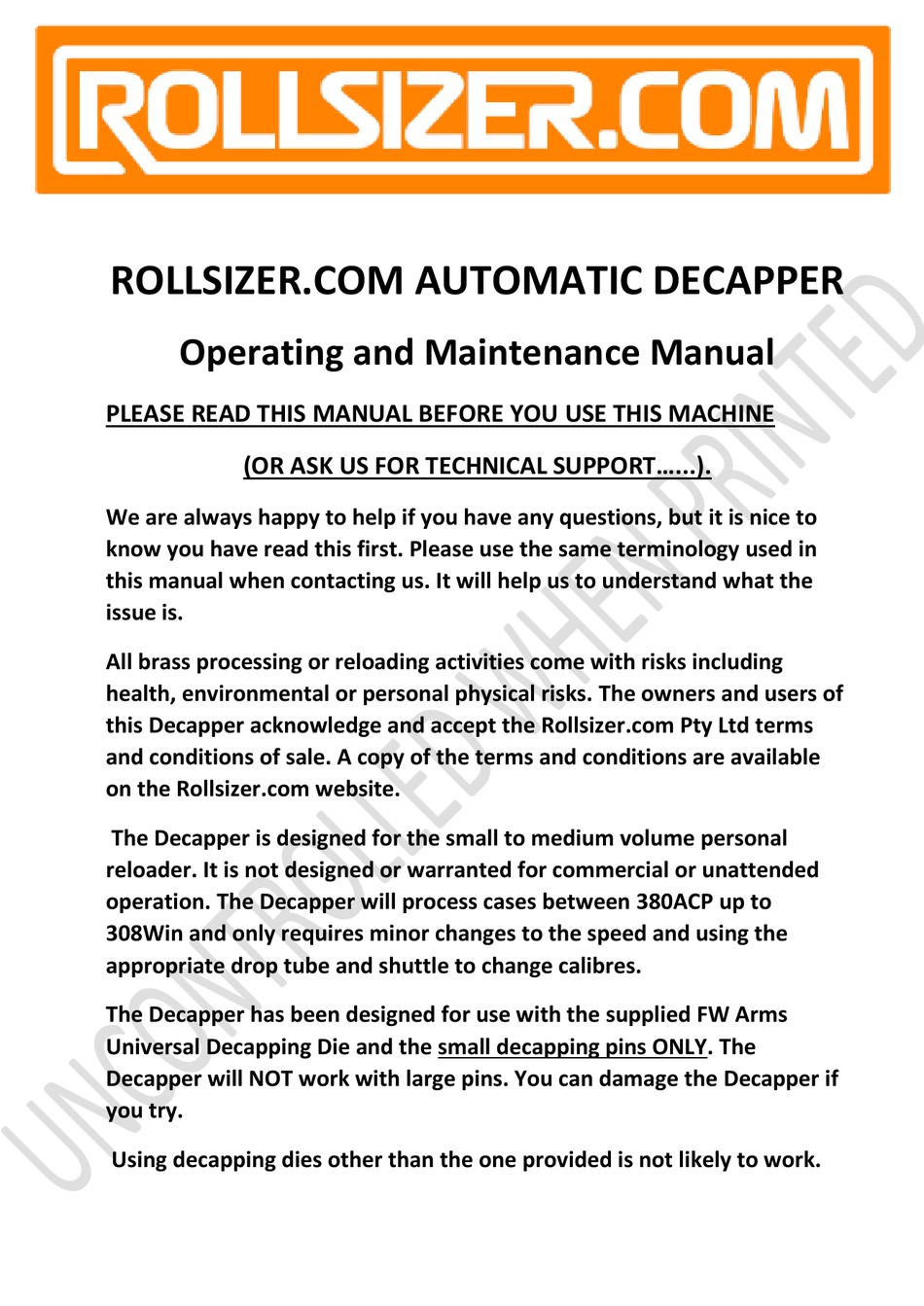ROLLSIZER DECAPPER OPERATING AND MAINTENANCE MANUAL Pdf Download