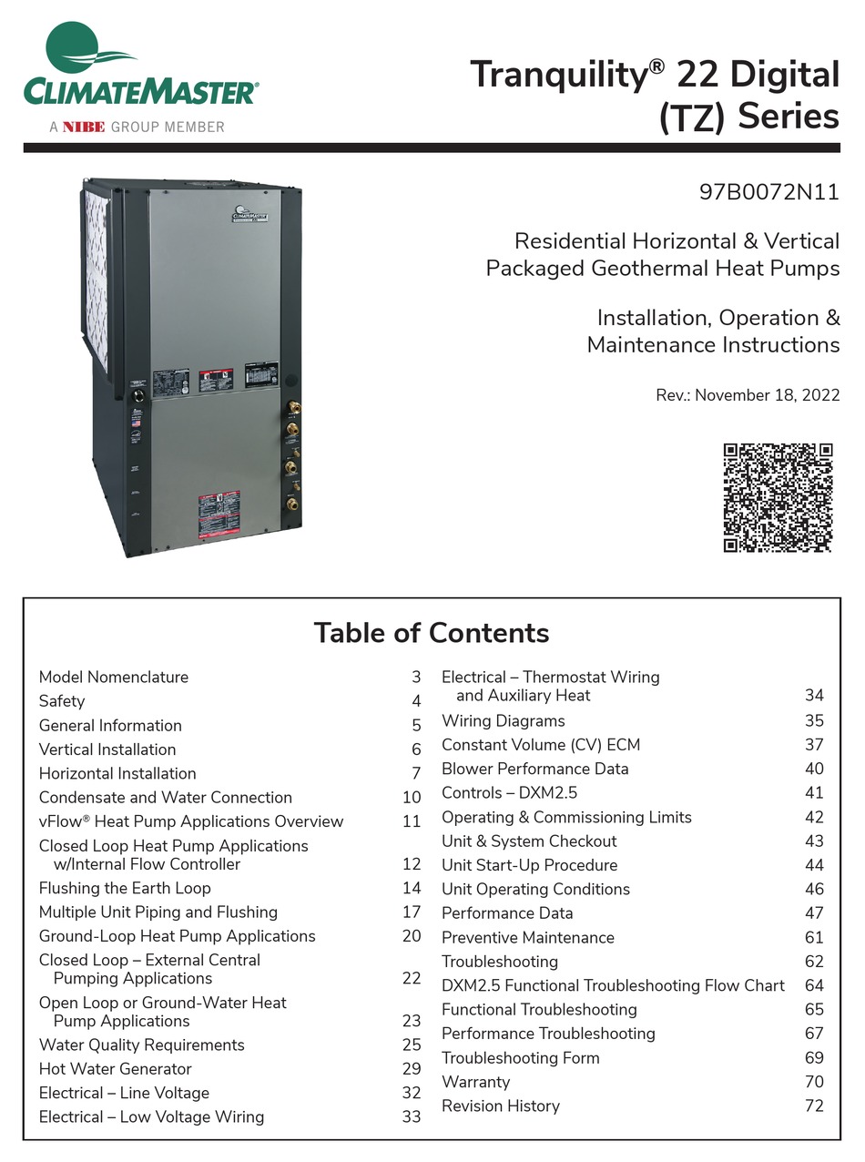 NIBE CLIMATEMASTER TRANQUILITY 22 DIGITAL TZ SERIES INSTALLATION