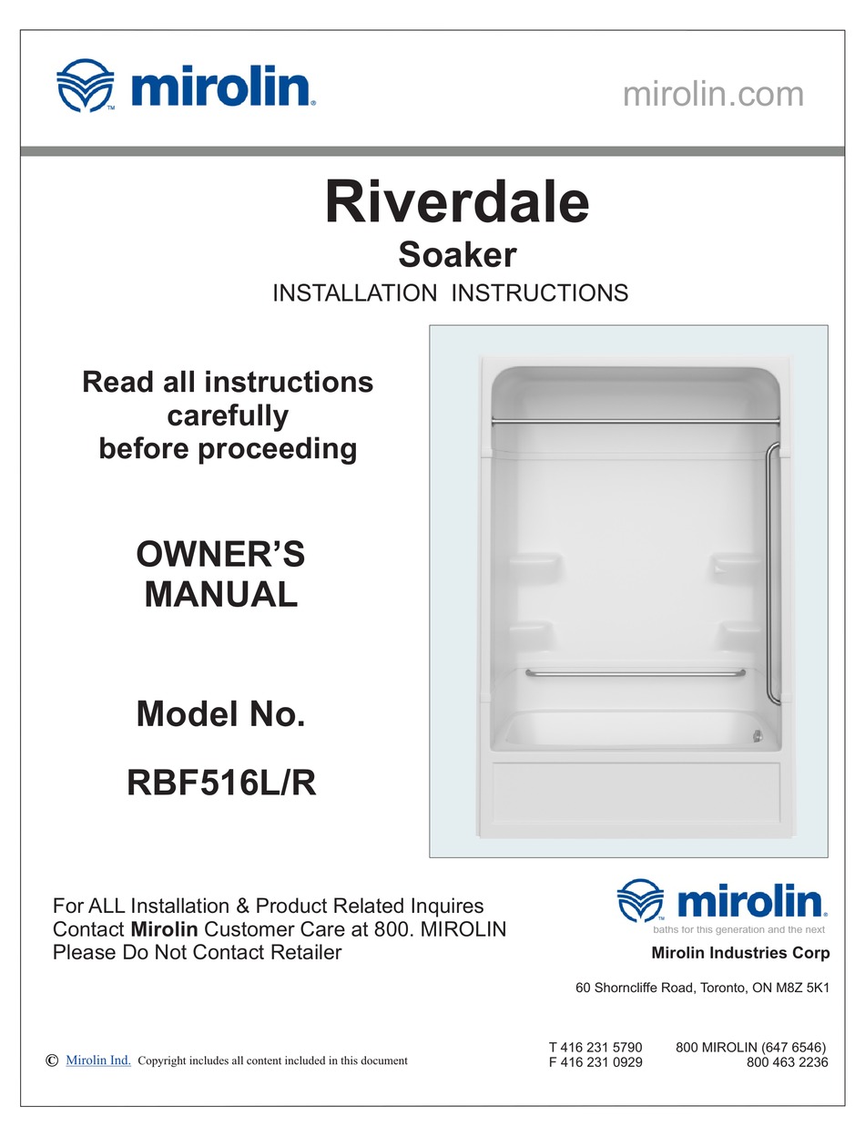 MIROLIN RIVERDALE RBF516L INSTALLATION INSTRUCTIONS MANUAL Pdf Download