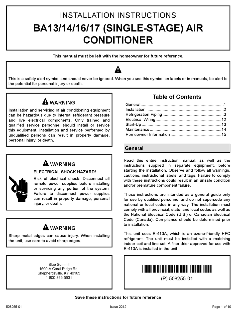 BLUERIDGE BA13 INSTALLATION INSTRUCTIONS MANUAL Pdf Download ManualsLib